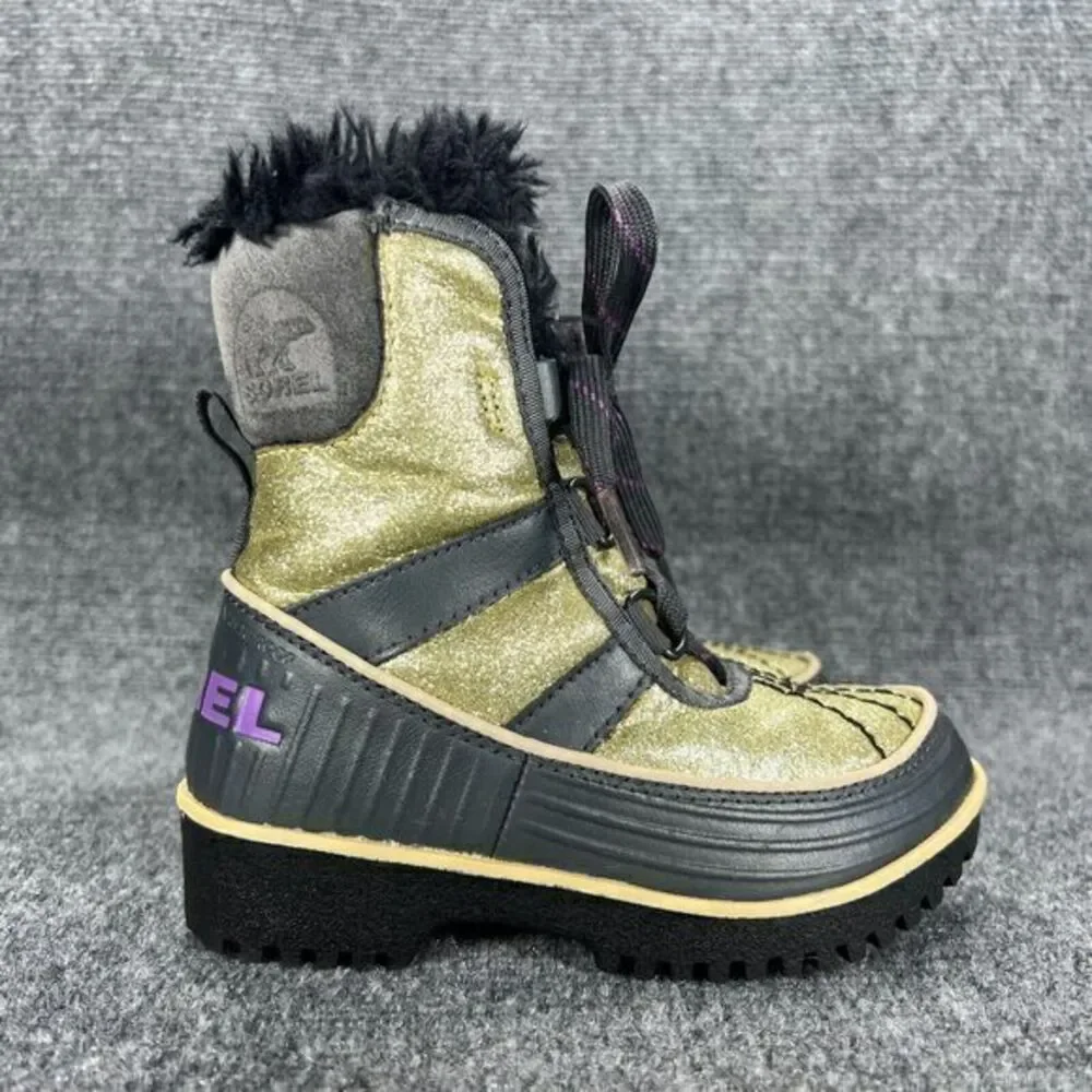 Sorel Tivoli II Girls Snow Winter Boots Size 10 Gold Glitter Waterproof Faux Fur